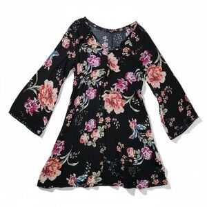 Annabelle Black Floral Boho Babydoll Dress Size L
